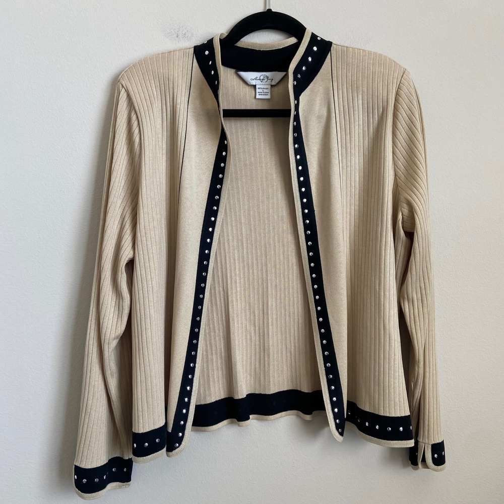 Ming Wang Womens Ribbed Studded Open Front Cardigan Beige Black Size Large
